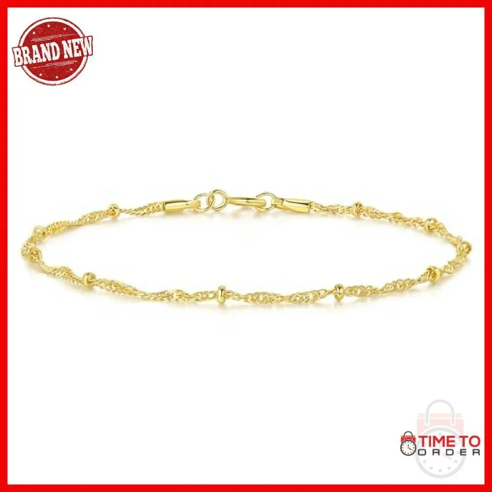 14K Gold Twisted Bead Chain Bracelet 17/19/21cm Women's Jewelry